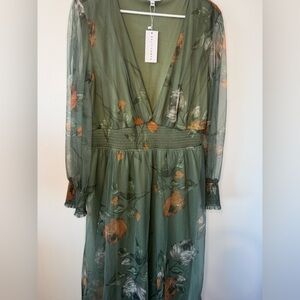 Baltic Born Layla Tulle Maxi Dress 3XL NWT Green Floral Long Sleeve Boho